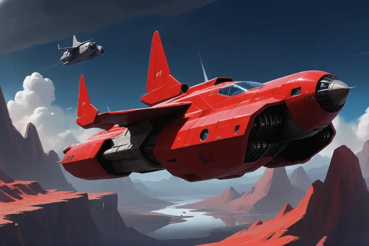 digital painting, scifi vehicle, a towering, bulky, red far-future cargo plane flying over some mountains<lora:envystarlightscif...