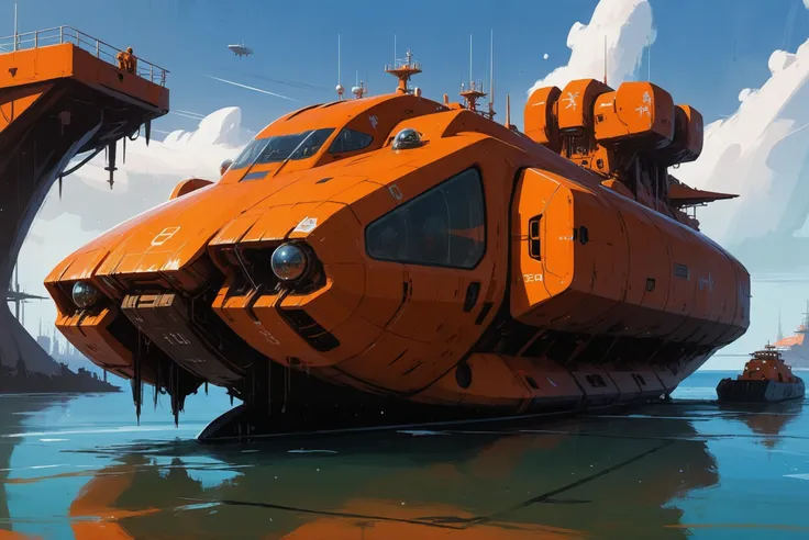 digital painting, scifi vehicle, a vast, heavy, orange cybernetic seagoing cargo freighter with bio-synthetic interfaces docked ...