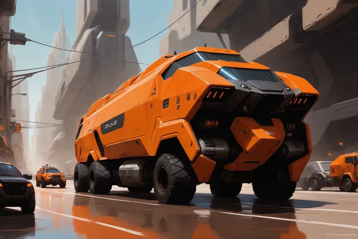 digital painting, scifi vehicle, a vast, lumbering, orange cybernetic hauler truck on a busy city street<lora:envystarlightscifi...