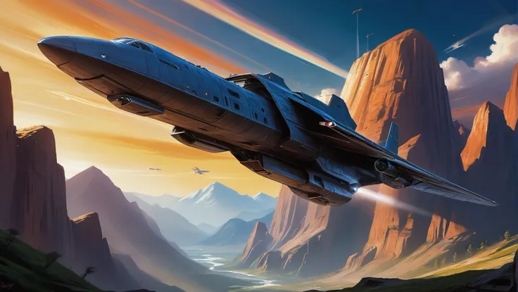 digital painting, scifi vehicle, a towering, bulky, quantum cargo plane flying over some mountains<lora:envystarlightscifiaesthe...