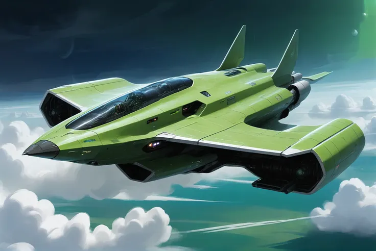 digital painting, scifi vehicle, a imposing, space-age, green passenger jet with bio-synthetic interfaces flying above the cloud...