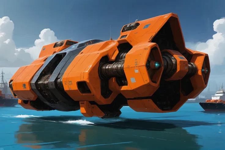 digital painting, scifi vehicle, a vast, heavy, orange cybernetic seagoing cargo freighter with bio-synthetic interfaces docked ...