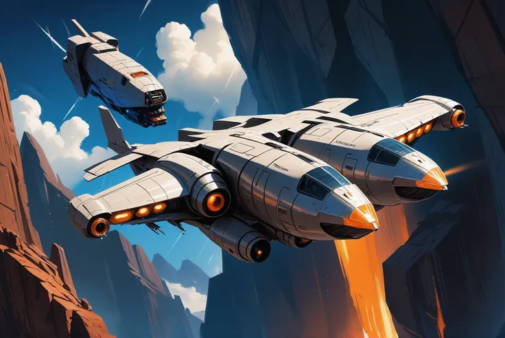 digital painting, scifi vehicle, a towering, bulky, quantum cargo plane flying over some mountains<lora:envystarlightscifiaesthe...