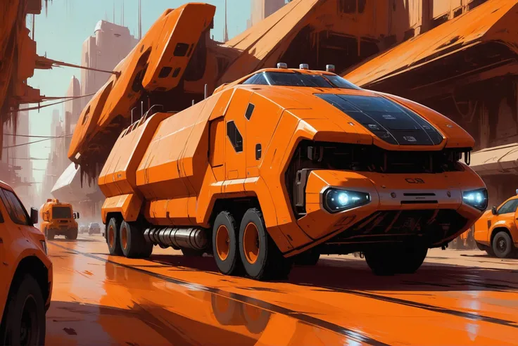 digital painting, scifi vehicle, a vast, lumbering, orange cybernetic hauler truck on a busy city street<lora:envystarlightscifi...