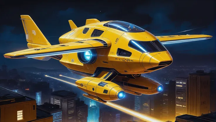 digital painting, scifi vehicle, a compact, space-age yellow, light plane with with a multi-dimensional jump drive flying above ...