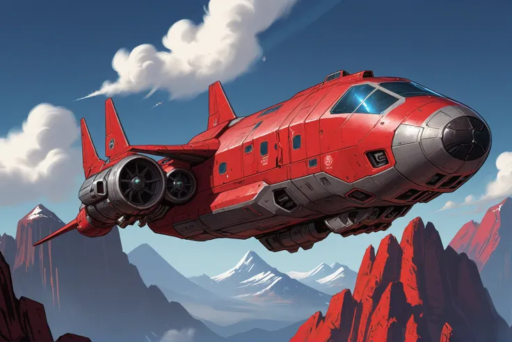 digital painting, scifi vehicle, a towering, bulky, red far-future cargo plane flying over some mountains<lora:envystarlightscif...