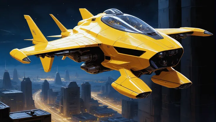 digital painting, scifi vehicle, a compact, space-age yellow, light plane with with a multi-dimensional jump drive flying above ...