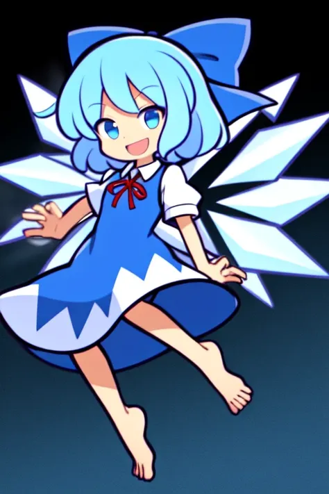 masterpiece, best quality, 1girl, puyopuyo, cirno, 1girl, solo, looking at viewer, smile, short hair, open mouth, blue eyes, simple background, blue hair, full body, short sleeves, hair bow, barefoot, collared shirt, red neck ribbon, blue dress, blue bow, ...