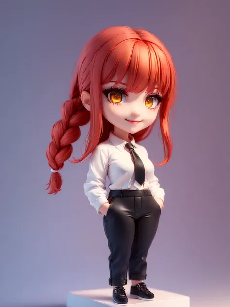 (masterpiece),(best quality),(ultra-detailed), (full body:1.2), simple background
1girl,chibi, hands in pockets, makima (chainsaw man)  red hair, long braided hair, golden eyes, bangs, medium breasts, white shirt, necktie, black trousers, stare, smile, (ev...