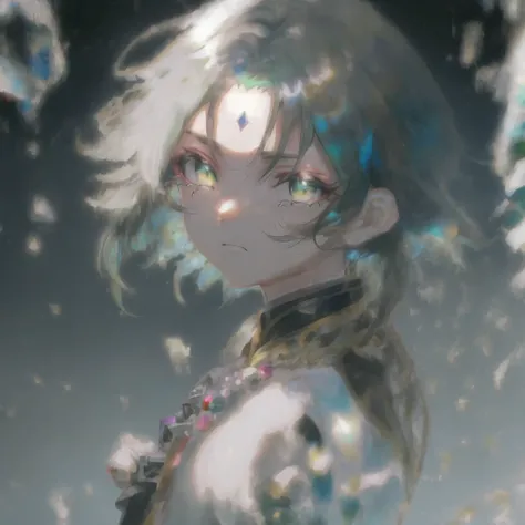 absurdres, best quality, high quality, masterpiece, unreal engine, 8k, illustration, detailed, beautiful, <lora:beautifuleyes:1>, <lora:newestxiao:1>, crying, close-up, yellow eyes, green hair, short hair, tattoo, (forehead tattoo), diamond tattoo, neckla...