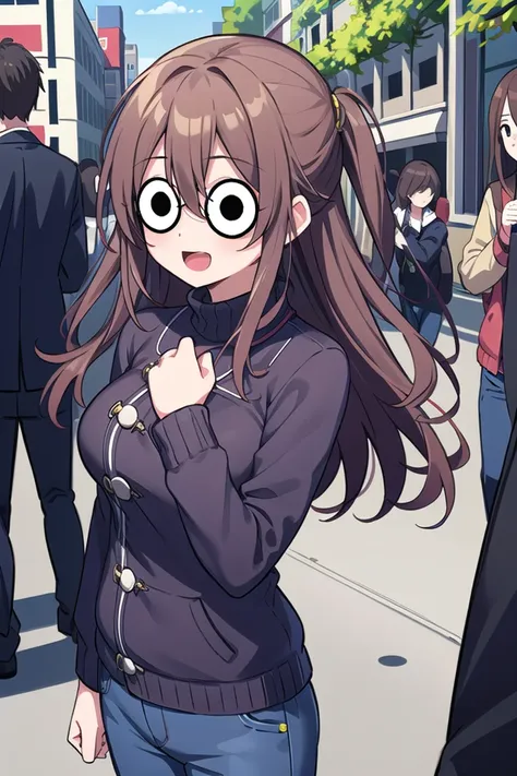 anime girl with glasses standing in a crowded street with people