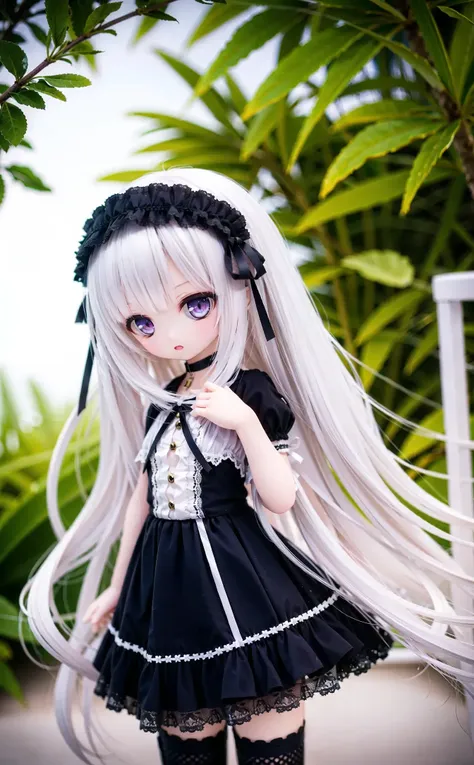 a close up of a doll with long white hair and a black dress