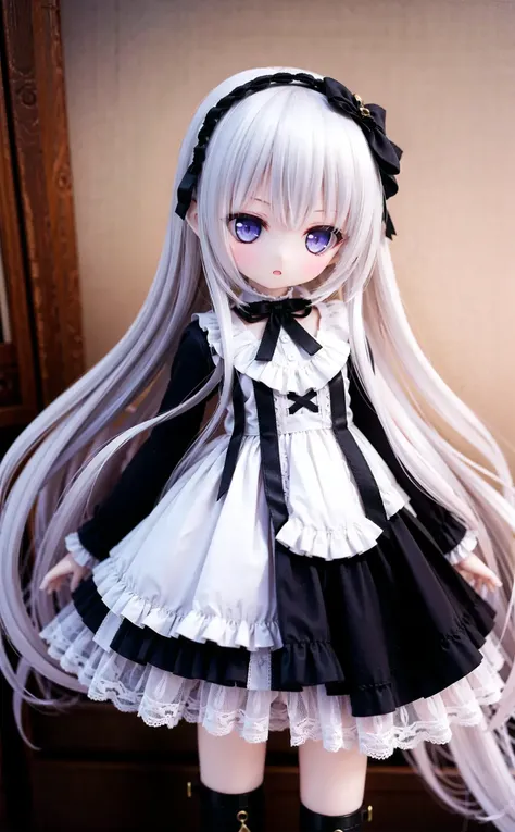 a close up of a doll with long hair wearing a dress