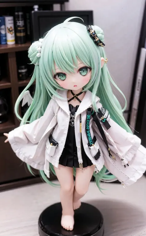 a close up of a doll with green hair and a white jacket