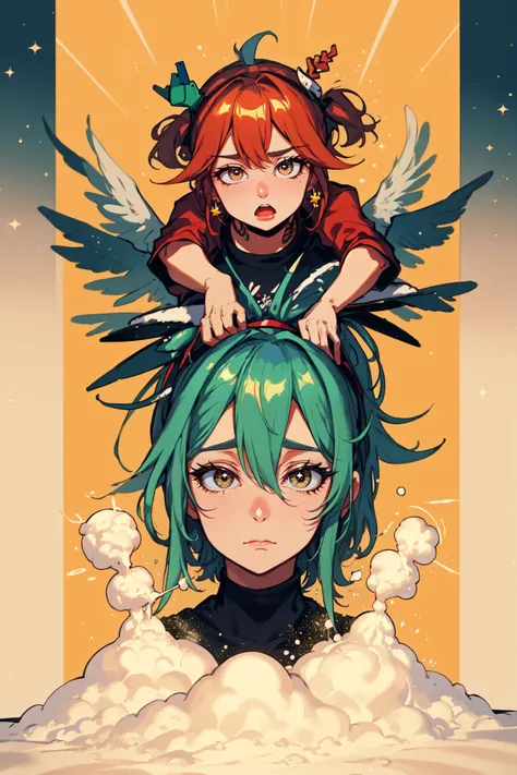 a girl with green hair and a red top sitting on top of another girl