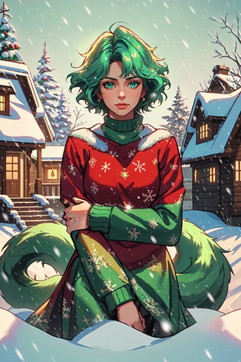 a woman in a green and red sweater sitting on a snow covered ground