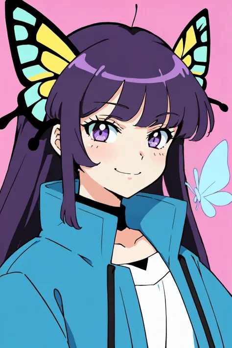 1girl, solo, looking at viewer, smile, black hair, hair ornament, closed mouth, purple eyes, jacket, purple hair, bug, butterfly, portrait, butterfly hair ornament, haori, colorful, demon slayer uniform CelShade