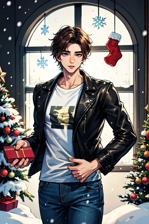 anime guy in a leather jacket holding a gift in front of a christmas tree