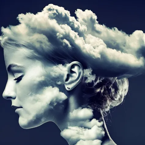 dblxp close-up profile of a woman made out of clouds, pale photo