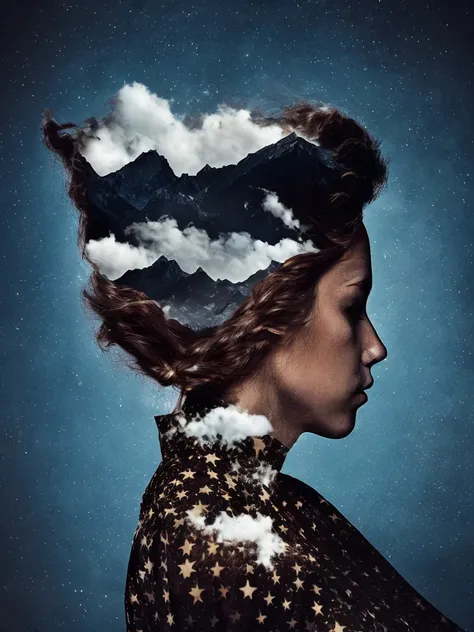 dblxp close-up profile of a woman’s hair made out of a mountain and starry sky, black background, photo