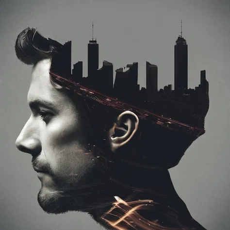 dblxp profile of a man made out of a city, grey background, photo