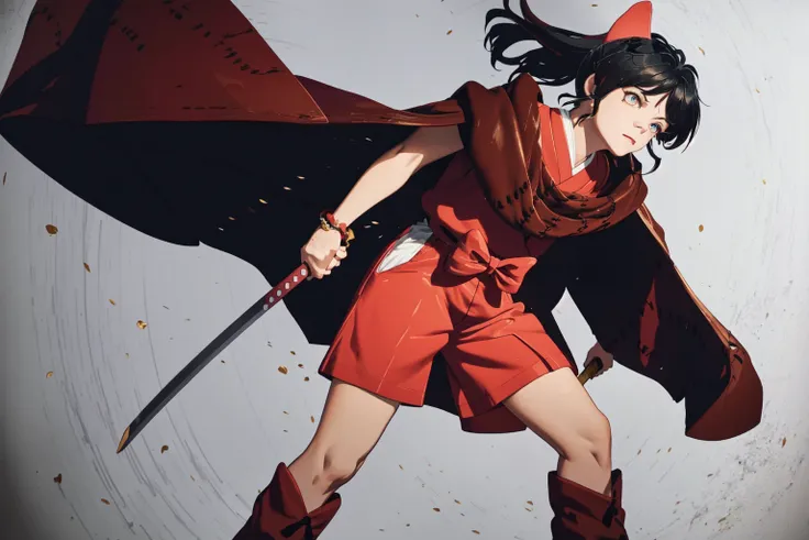 anime character with sword and cape in red outfit with red cape