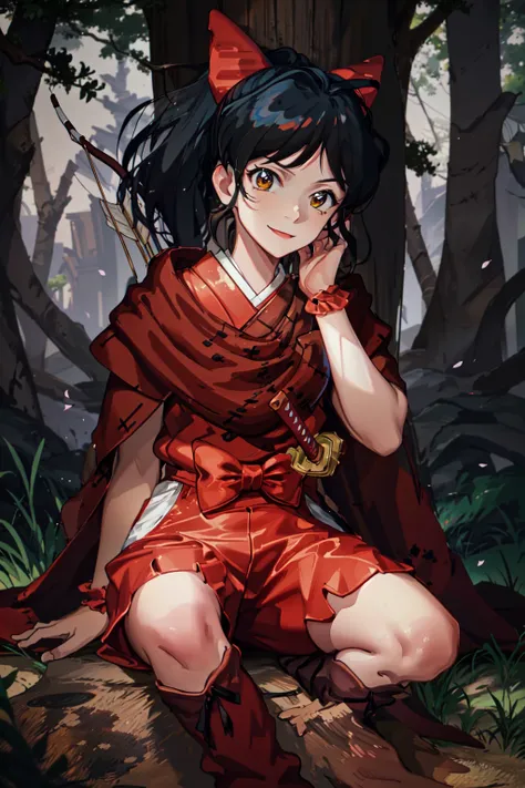 a woman in a red dress sitting on a rock in the woods