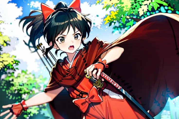 anime girl with sword and red cape in the woods