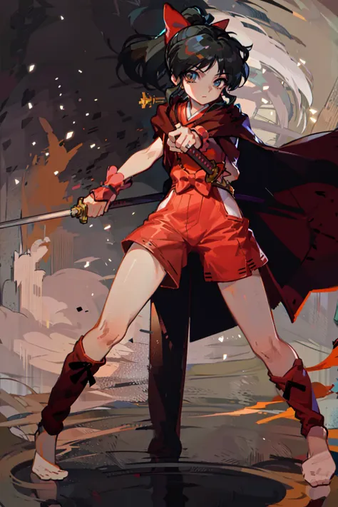 anime girl with sword and cape standing in front of a fire