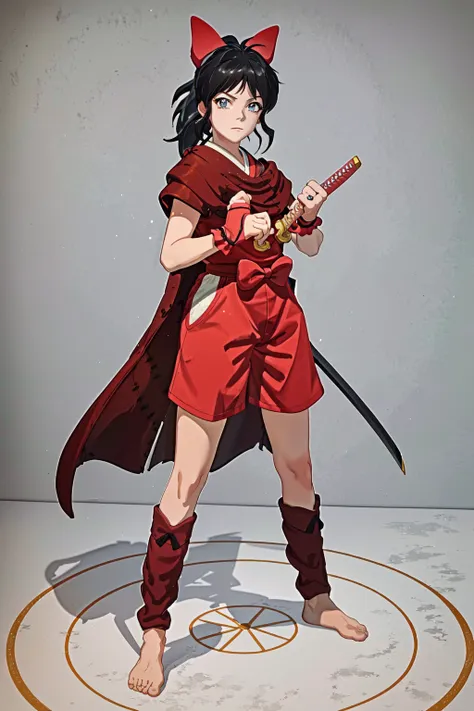 a woman in a red outfit holding a sword and a red hat