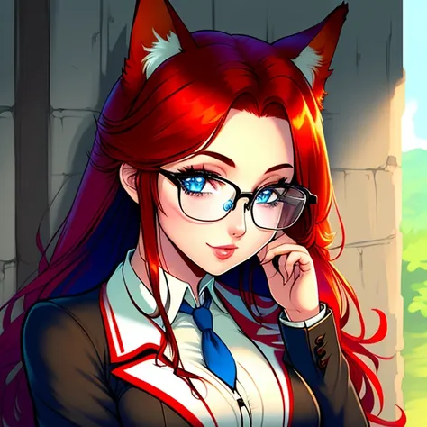 a redhead fox-girl with blue eyes and glasses