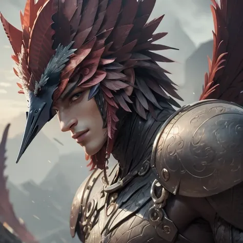 a close up of a person wearing a bird headdress and a helmet