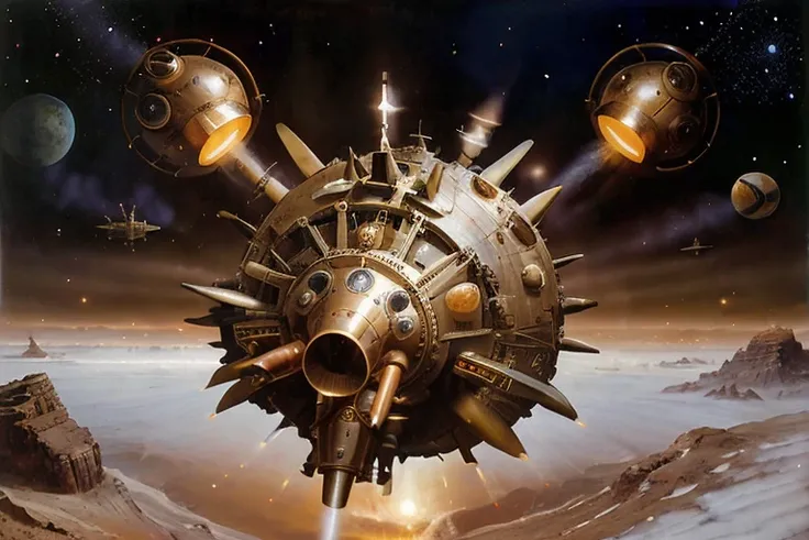 Steampunk style A 1950s retro space craft landing on an alien planet,,retrospaceships,design,hull,flying,space,exhaust, . Antique, mechanical, brass and copper tones, gears, intricate, detailed painting by John Collier and Albert Aublet and Krenz Cushart a...