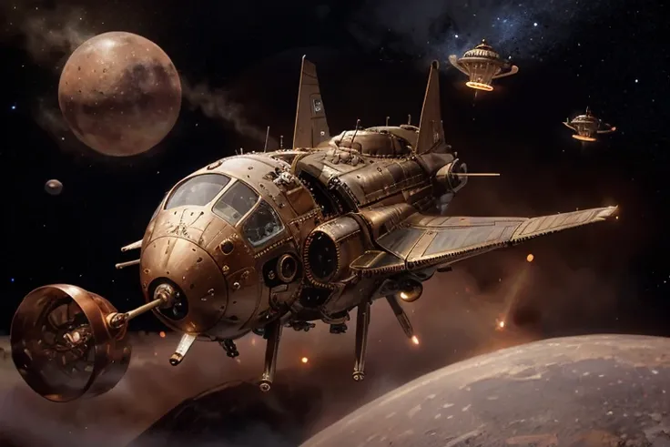 Steampunk style A 1950s retro space craft landing on an alien planet,,retrospaceships,design,hull,flying,space,exhaust, . Antique, mechanical, brass and copper tones, gears, intricate, detailed concept art, sharp focus, octane render, trending on artstatio...