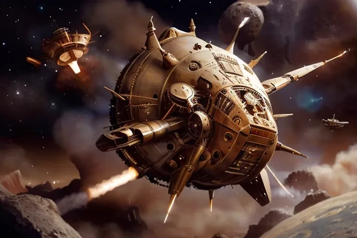 Steampunk style A 1950s retro space craft landing on an alien planet,,retrospaceships,design,hull,flying,space,exhaust, . Antique, mechanical, brass and copper tones, gears, intricate, detailed concept art, sharp focus, octane render, trending on artstatio...