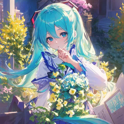 1girl, cute, (vocaloid), ((hatsune miku)), ((blue teal hair)), (long hair), (pastel colors:0.9), (blue beautiful eyes), (gradien...