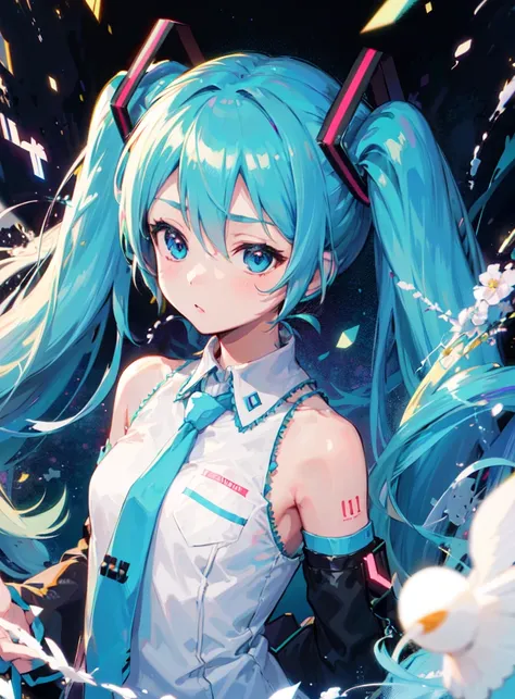 masterpiece, hatsune miku, white shirt, blue necktie, bare shoulders, detached sleeves,
