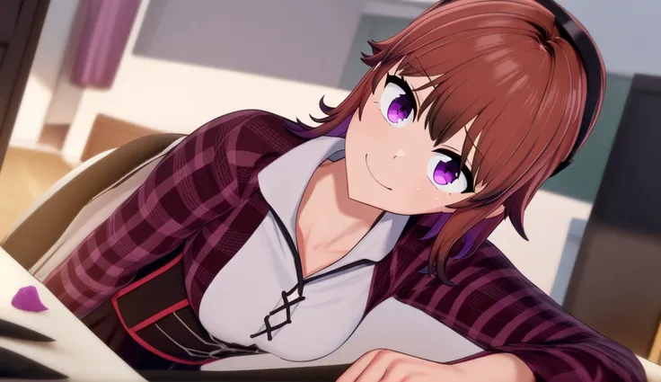 anime girl with red hair and purple eyes sitting at a desk