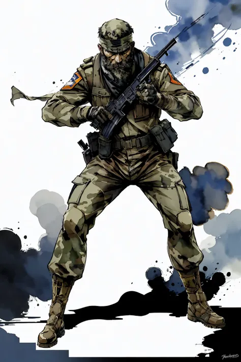 1boy, beard, soldier, head scarf,  camouflage uniform, full body, battlefield,  ww2, dynamic pose
shinkawa youji
((masterpiece)), (  painting_(medium), watercolor painting )
  <lora:shinkawa_youji_offset:1>