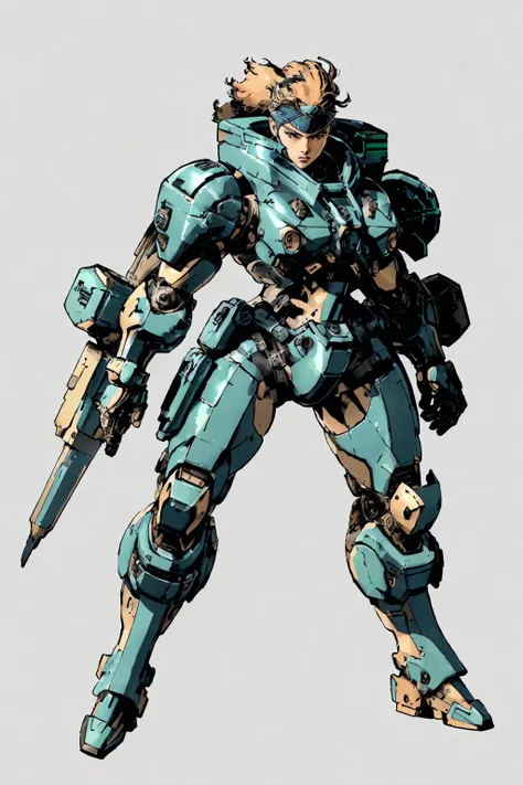 1 female soldier  in a big bulky futuristic armor ,  Parrley_armor ,in the  battlefield, , dynamic pose, rocket propulsion
bandana, gradient, retro artstyle
shinkawa youji
((masterpiece, best quality)),   
  <lora:shinkawa_youji_offset:1> <lora:ParrleyFLEX...