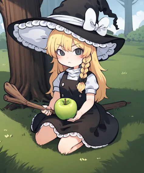 1girl, solo, kirisame marisa, witch, black dress, puffy sleeves, short sleeves, witch hat, blonde hair, braid, sitting, outdoors, forest, giant mushrooms, fantasy, holding apple, looking at viewer, :<   <lora:artist-chahan:1>