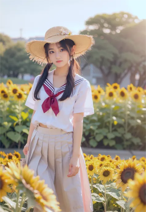 a close up of a woman in a hat and a dress in a field of sunflowers