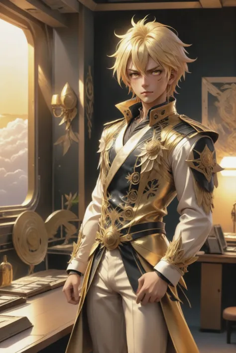 anime style, golden sunrise, full body, character concept art, (full body:1.2), 1boy, man, ruggedly handsome, solo, [:epic costu...