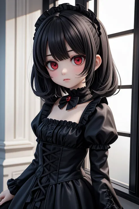 (masterpiece), gothic, victorial, 1girl, medium hair, black hair, (red eyes:1.2), black dress, frills, frilled dress, puffy sleeves