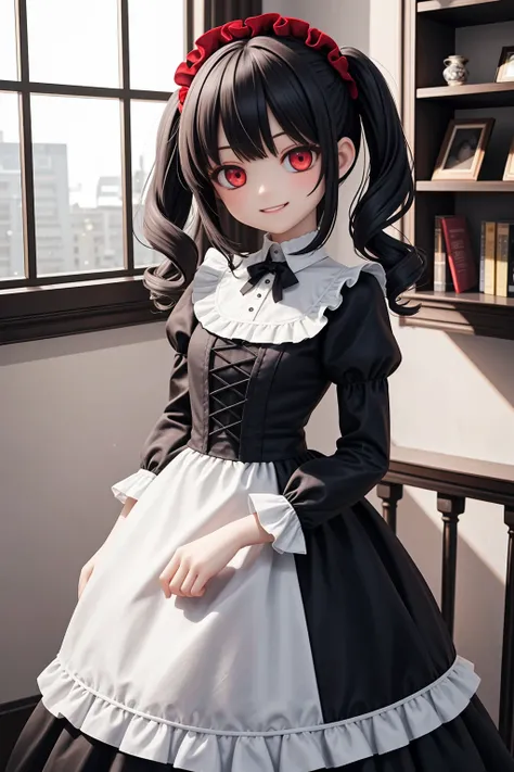 (masterpiece), indoors, light particles, gothic, victorial, 1girl, medium hair, black hair, (red eyes:1.2), black dress, frills, frilled dress, puffy sleeves, grin