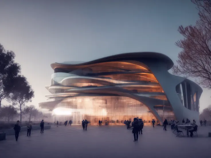 people walking around a large building with a curved roof