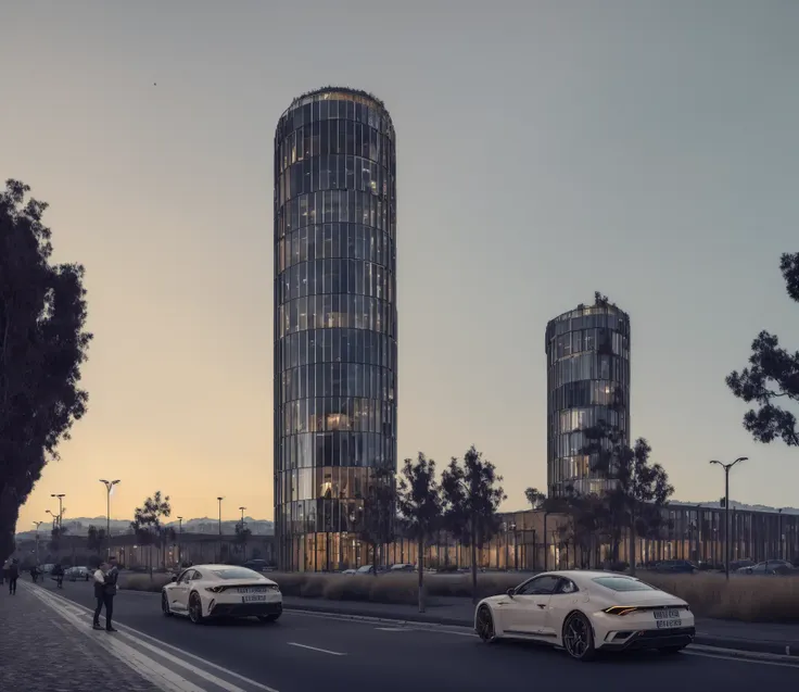 cars driving down a street in front of tall buildings