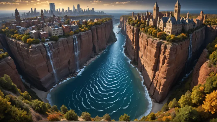 arafed view of a river running through a canyon with a city in the background