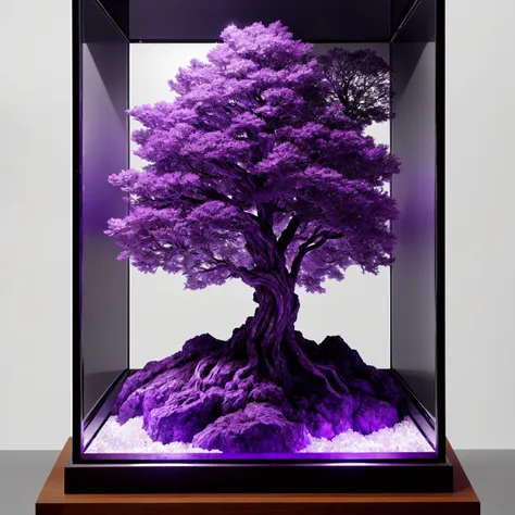 a tree sculpted out of amethyst, volumetric lighting, museum display case