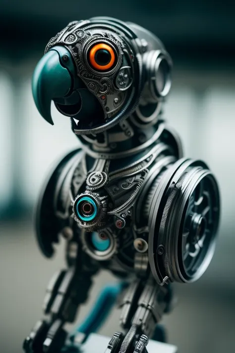 RAW photo, a cute parrot made out of metal, cyborg, cyberpunk style, ((intricate details)), hdr, ((intricate details, hyperdetailed)), cinematic shot, vignette, (high detailed skin:1.2), 8k uhd, dslr, high quality, film grain, Fujifilm XT3